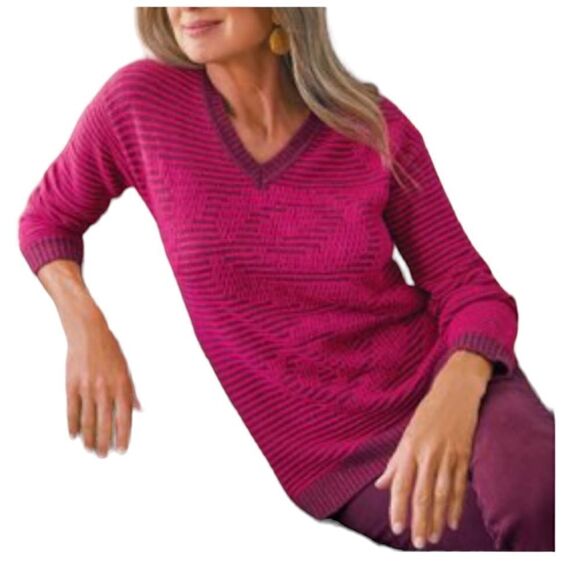 Soft Surroundings Textured Bell Flower Sweater Pink Ribbed Casual Jacquard Sz L - Picture 1 of 11
